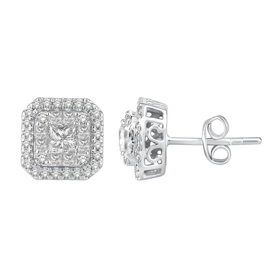 LADIES EARRINGS 1 1/4 CT ROUND/PRINCESS DIAMOND 14K WHITE GOLD