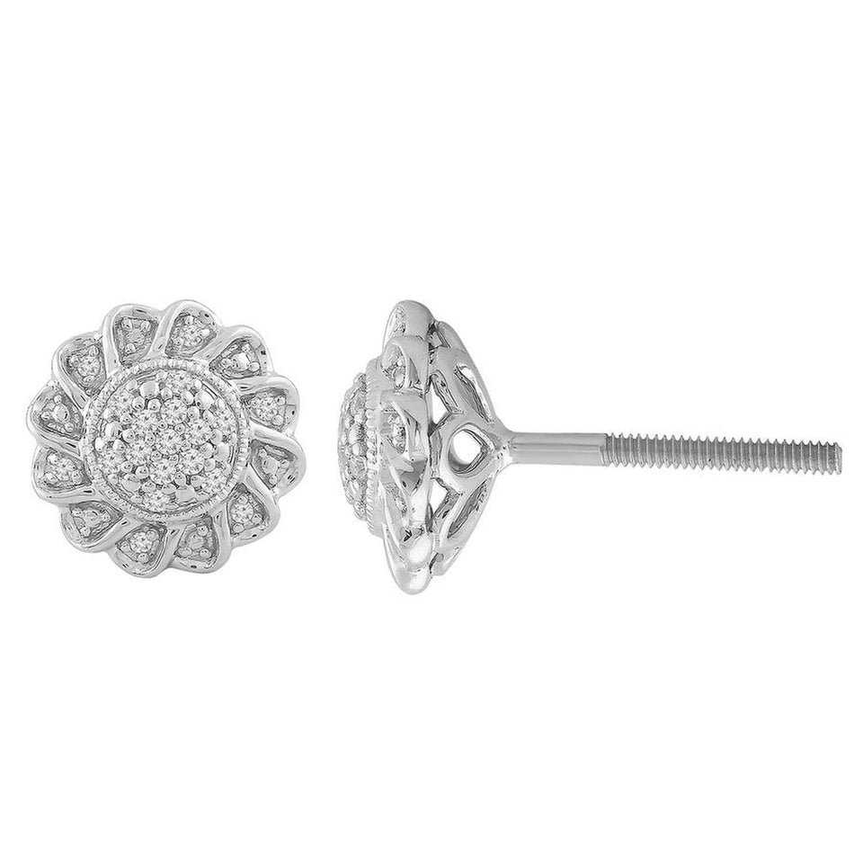 Ladies Earrings 1/10 Ct Round Diamond 10k White Gold