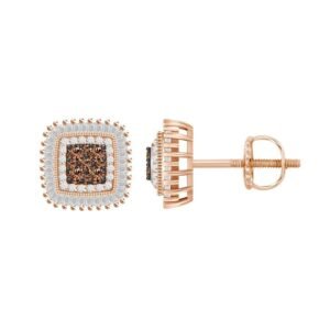 LADIES EARRINGS 1/2 CT WHITE/CHOCOLATE ROUND/BAGUETTE DIAMOND 10K ROSE GOLD