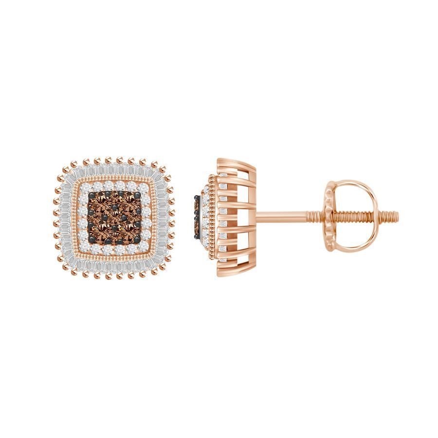 LADIES EARRINGS 1/2 CT WHITE/CHOCOLATE ROUND/BAGUETTE DIAMOND 10K ROSE GOLD
