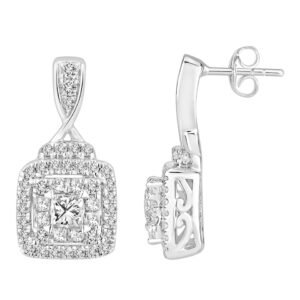LADIES EARRINGS 1 CT ROUND/PRINCESS DIAMOND 14K WHITE GOLD