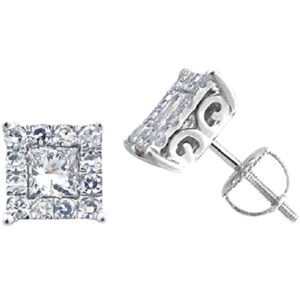 LADIES EARRINGS 1 CT ROUND/PRINCESS DIAMOND 14K WHITE GOLD