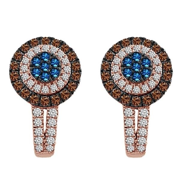 LADIES EARRINGS 1 CT WHITE/BLUE/CHOCOLATE ROUND DIAMOND 10K ROSE GOLD