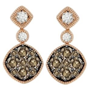LADIES EARRINGS 1 CT WHITE/CHOCOLATE ROUND DIAMOND 14K ROSE GOLD