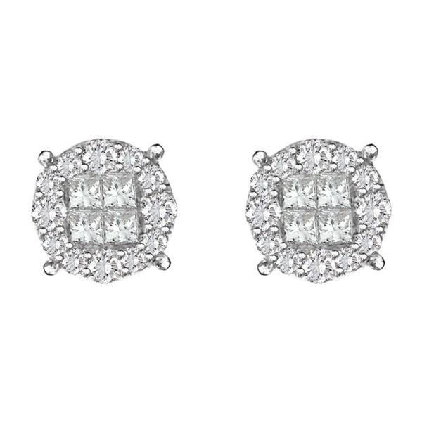 LADIES EARRINGS 2 CT ROUND/PRINCESS DIAMOND 14K WHITE GOLD