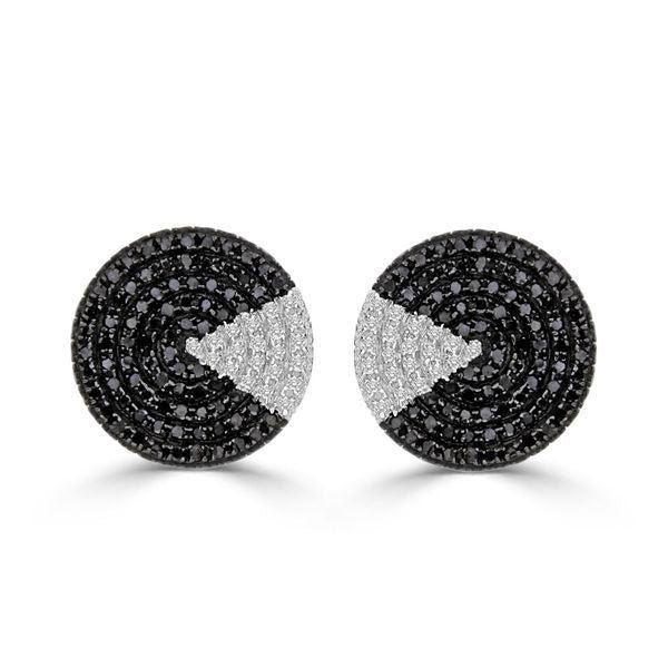 LADIES EARRINGS 3/4 CT BLACK/WHITE ROUND DIAMOND SILVER