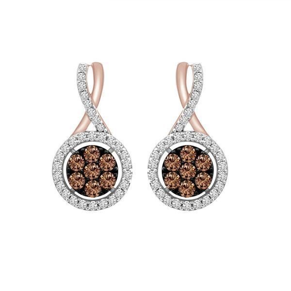 LADIES EARRINGS 3/4 CT CHOCOLATE/WHITE ROUND DIAMOND 10K ROSE GOLD