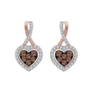 LADIES EARRINGS 3/4 CT CHOCOLATE/WHITE ROUND DIAMOND 10K ROSE GOLD