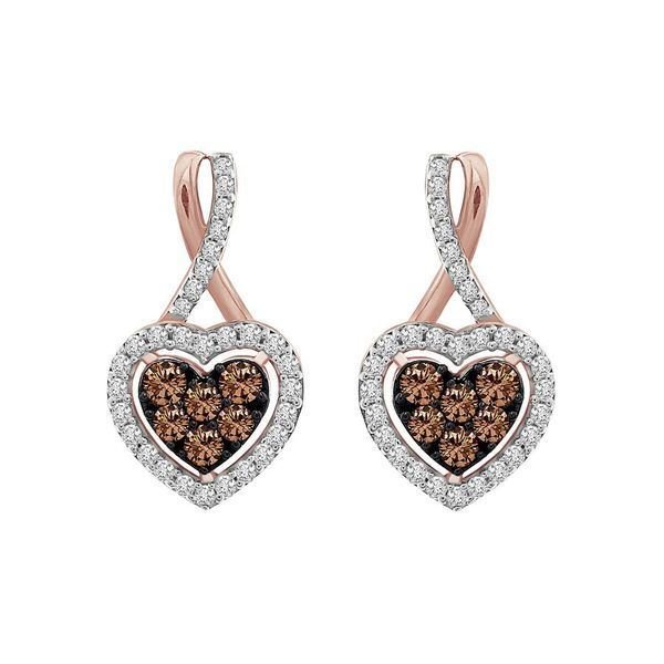 LADIES EARRINGS 3/4 CT CHOCOLATE/WHITE ROUND DIAMOND 10K ROSE GOLD