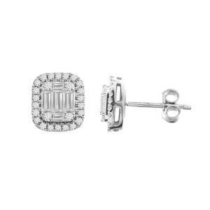 LADIES EARRINGS 3/4 CT ROUND/BAGUETTE DIAMOND 14K WHITE GOLD