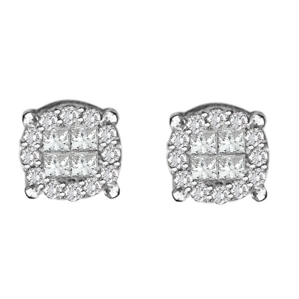 LADIES EARRINGS 3/4 CT ROUND/PRINCESS DIAMOND 14K WHITE GOLD