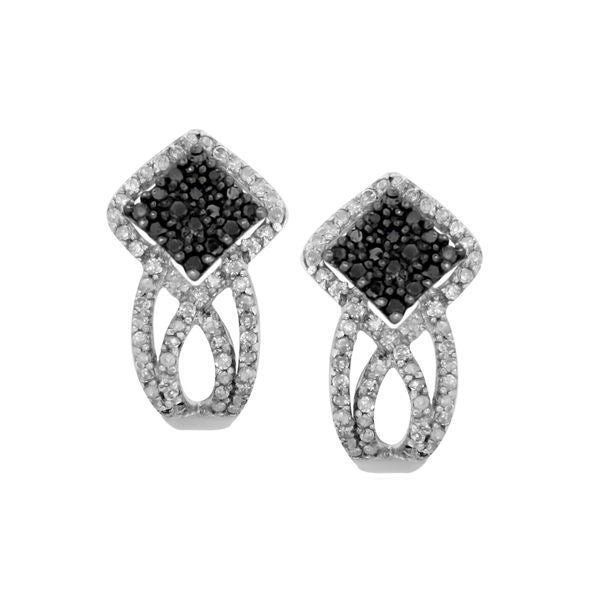 LADIES EARRINGS 5/8 CT BLACK/WHITE ROUND DIAMOND SILVER