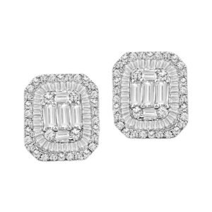 LADIES EARRINGS 7/8 CT ROUND/BAGUETTE DIAMOND 14K WHITE GOLD