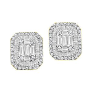 LADIES EARRINGS 7/8 CT ROUND/BAGUETTE DIAMOND 14K YELLOW GOLD