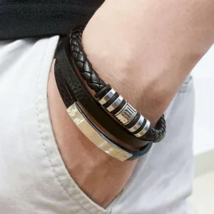 Leather And Aluminium Bracelet Multilayer Braided Rope — Brown | KIMLUD