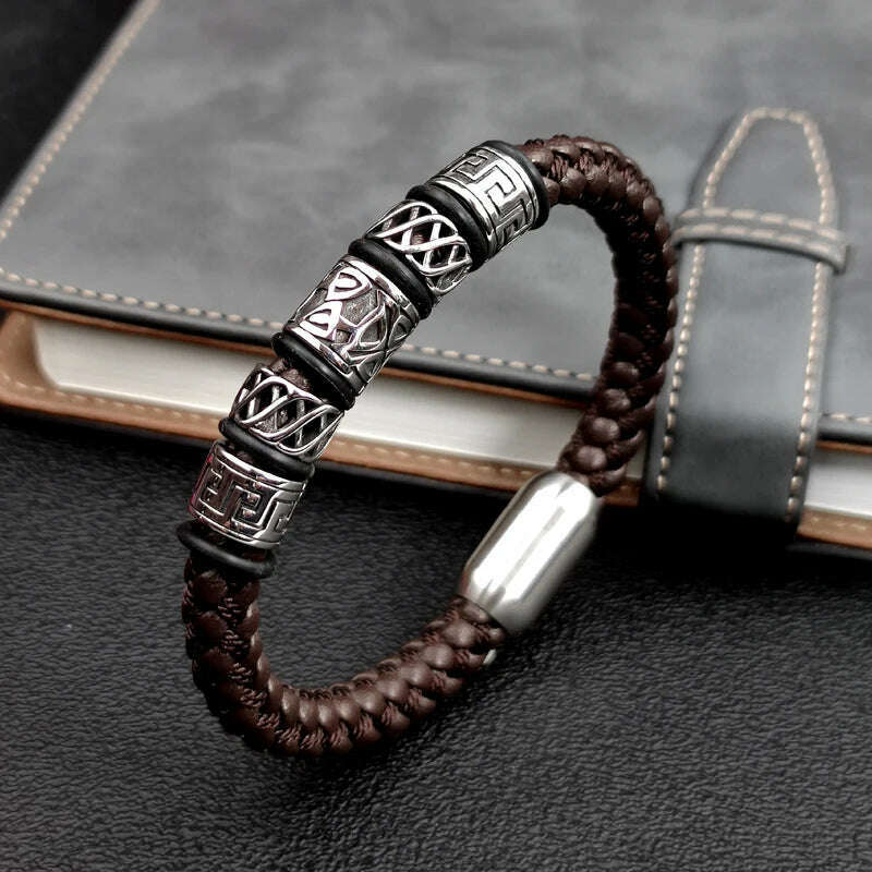 Leather Punk Style Bracelet 5 Viking Beads — Coffee | KIMLUD