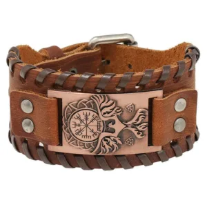 Leather Viking Bracelet Nordic Rune Bird Charm Compass — Black | KIMLUD