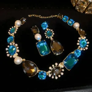 Light-Luxury Jewelry Set Water Drop Pearl Necklace — Blue Aquamarine | KIMLUD