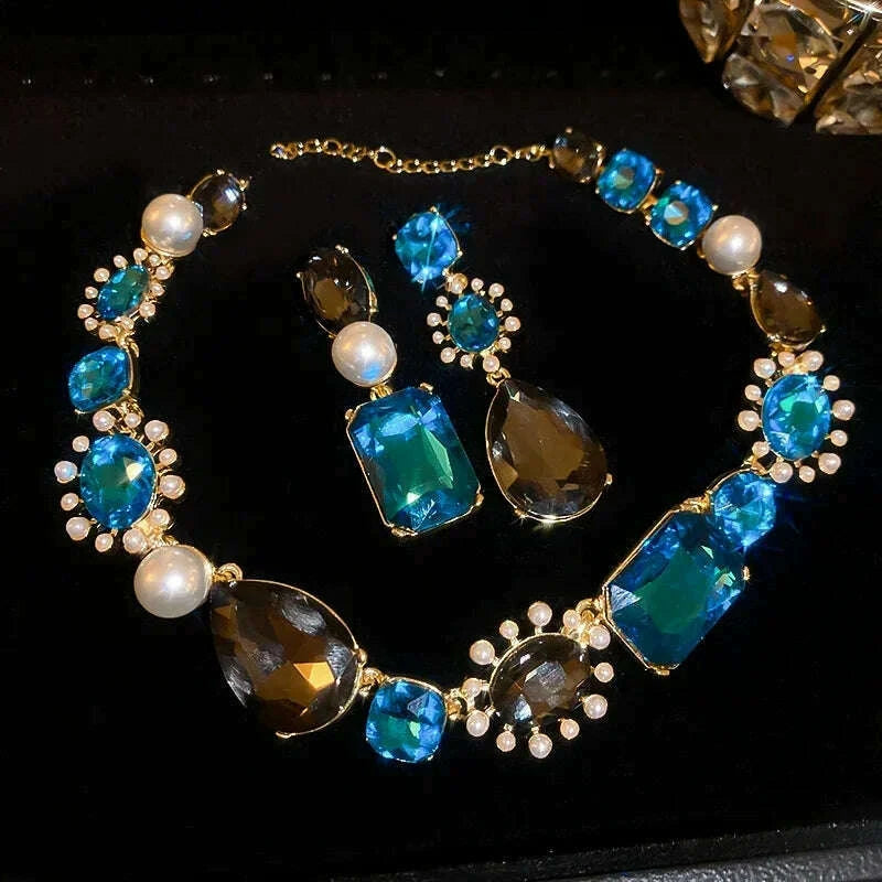 Light-Luxury Jewelry Set Water Drop Pearl Necklace — Blue Aquamarine | KIMLUD