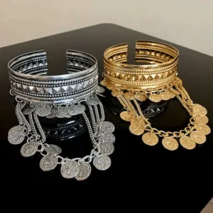 Light Luxury Open Bangles Round Coin Tassel — Gold | KIMLUD