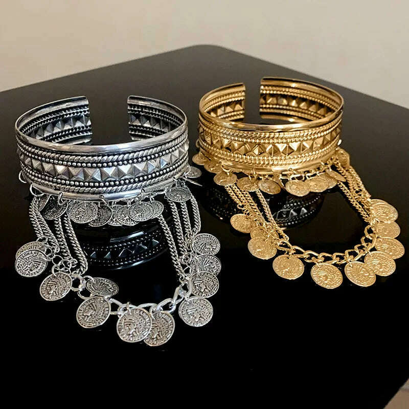Light Luxury Open Bangles Round Coin Tassel — Gold | KIMLUD