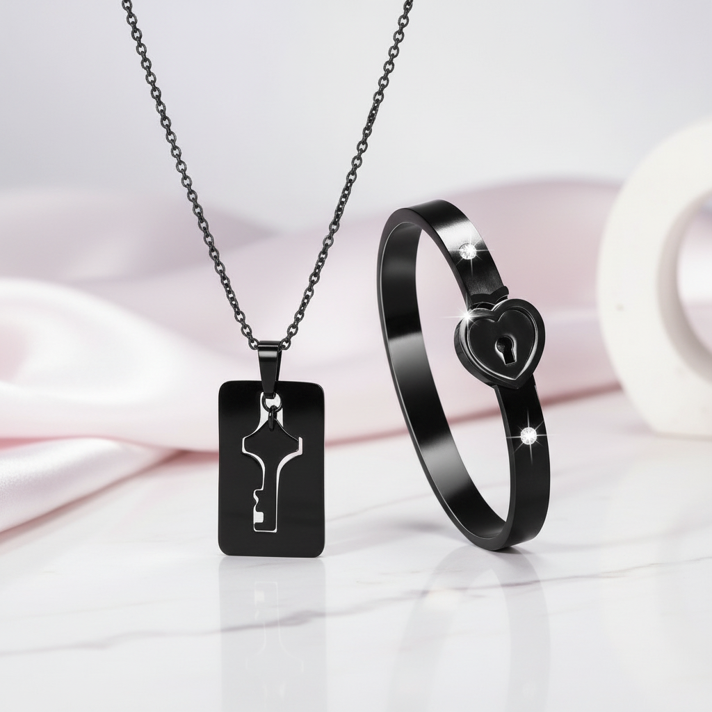 Lock And Key Necklace And Bracelet For Couples