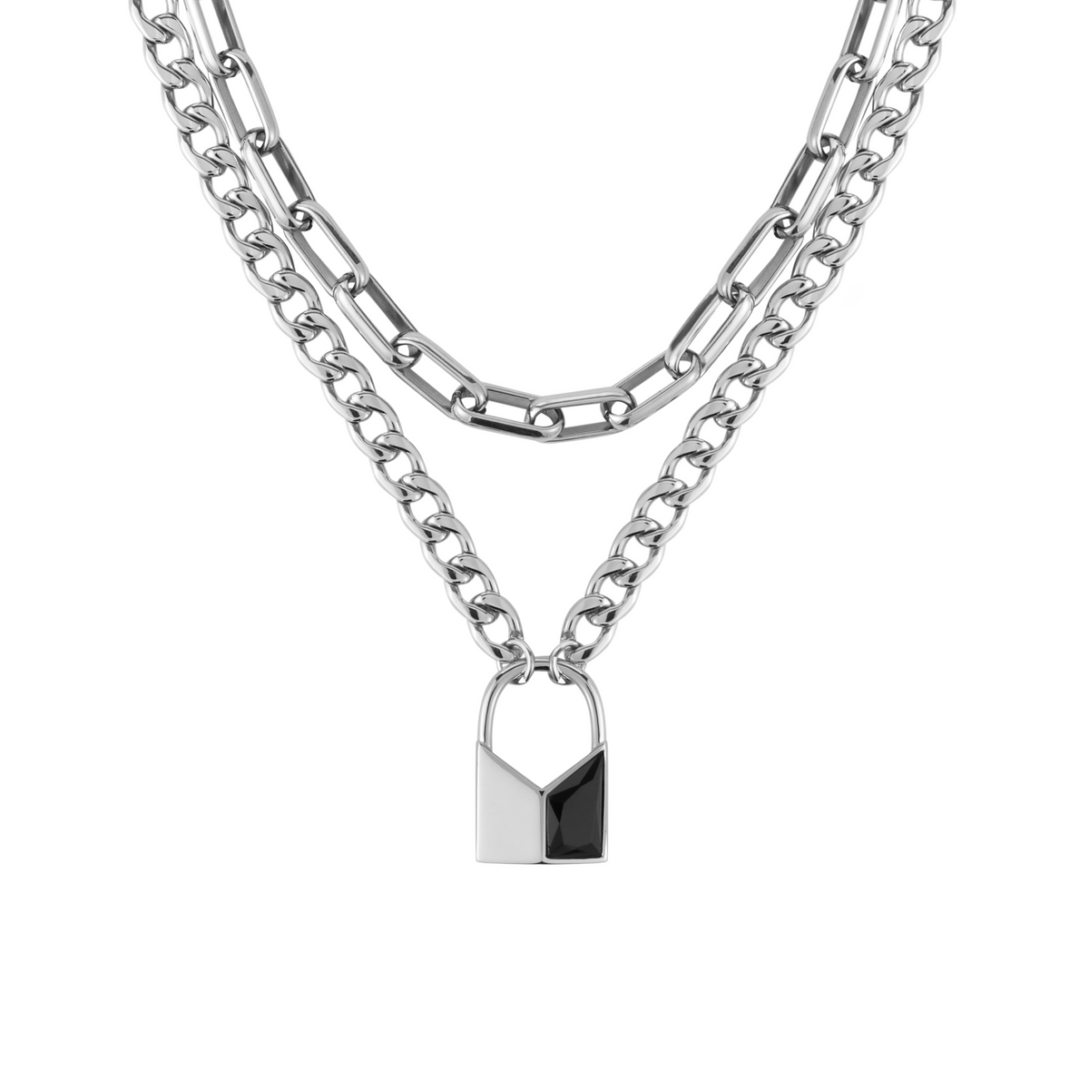 Lover’s Interlock Faceted Rhinestone Lock Pendant Double-Layer Necklace