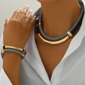 Metal Tube Hip-Hop Necklace Bracelet Set — Black and White | KIMLUD