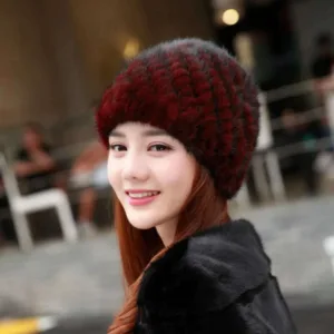 Mink Fur Beanie With Flared Cuff Detail — Black | KIMLUD