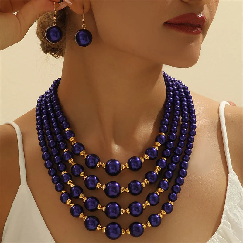 Multi-Layer Plastic Beads Jewelry Set — Blue | KIMLUD