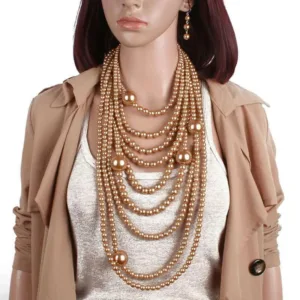 Multilayer Pearl Jewelry Set Necklace and Earrings — Brown White | KIMLUD