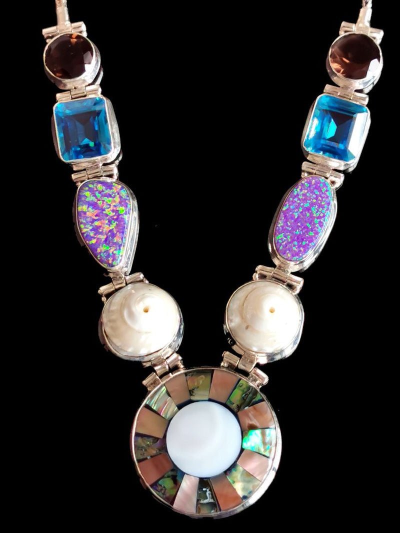 Necklace in 925 silver with Shell, Blue Topaz, Opal, Smoky Quartz Gemstones | gifts for her | gifts for girlfriend | gifts for mom daughter sister