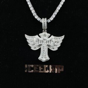 New Baguette Iced Cross With Wing Pendant
