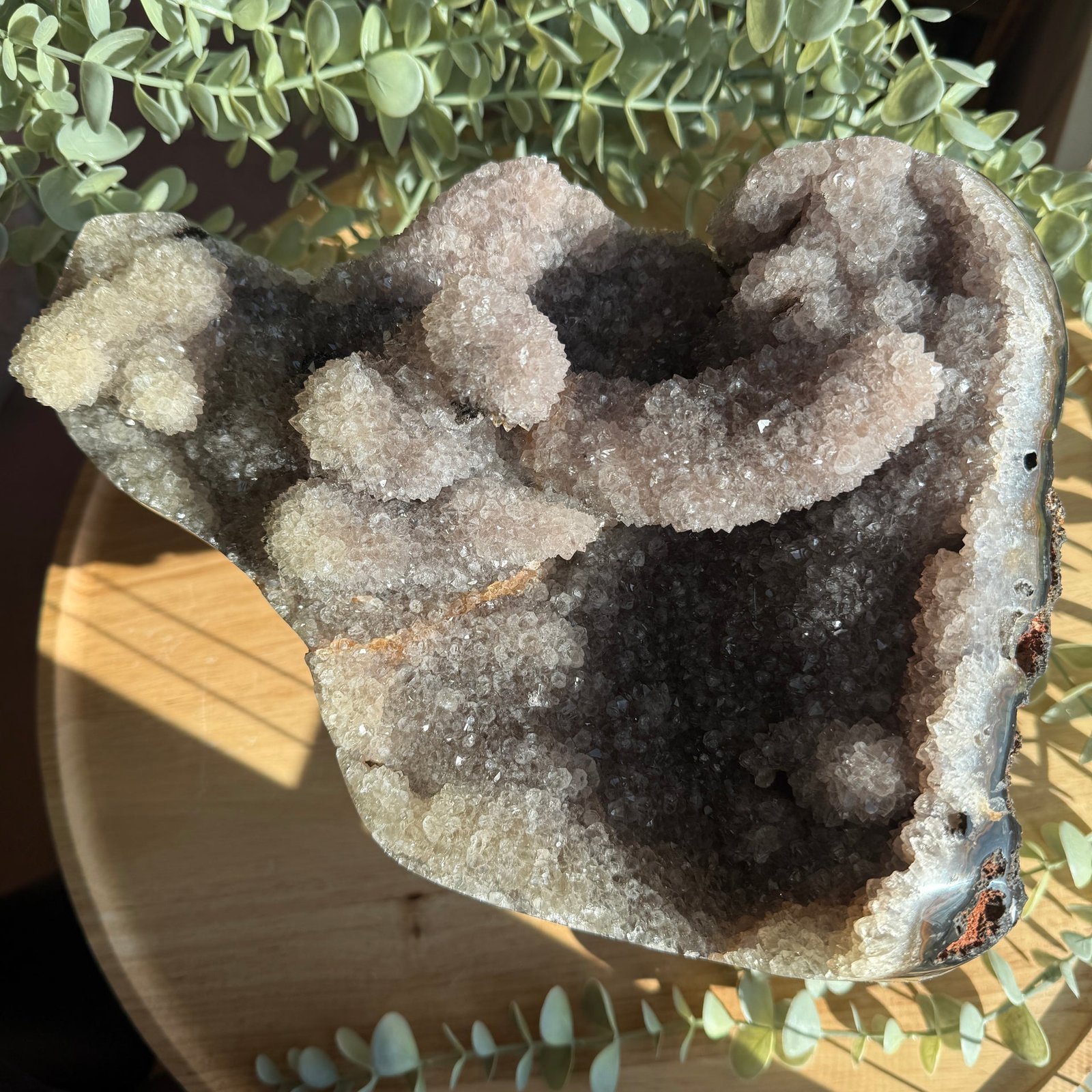 Partially Polished Agate Druzy Crystal from Brazil Display Specimen with Unique Formations – Wooden Stand Included Partially Polished Agate Druzy Crystal from Brazil Display Specimen with Unique Formations – Wooden Stand Included