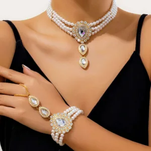 Pearl Chain Jewelry Set Multilayer Water Drop Rhinestones — Pearl White | KIMLUD