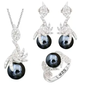 Pearl Geometric Jewelry Set Necklace Pendant Earrings Ring — Black | KIMLUD