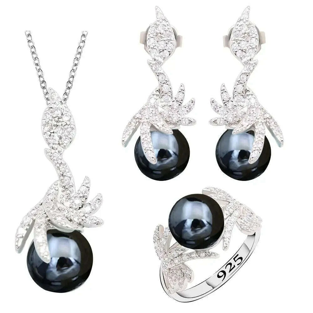 Pearl Geometric Jewelry Set Necklace Pendant Earrings Ring — Black | KIMLUD Pearl Geometric Jewelry Set Necklace Pendant Earrings Ring — Black | KIMLUD