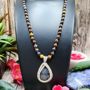 Pietersite and Tiger Eye Bead Mala Necklace with Wire-Wrapped Pietersite Pendant - Embrace the Harmonious Beauty of Nature