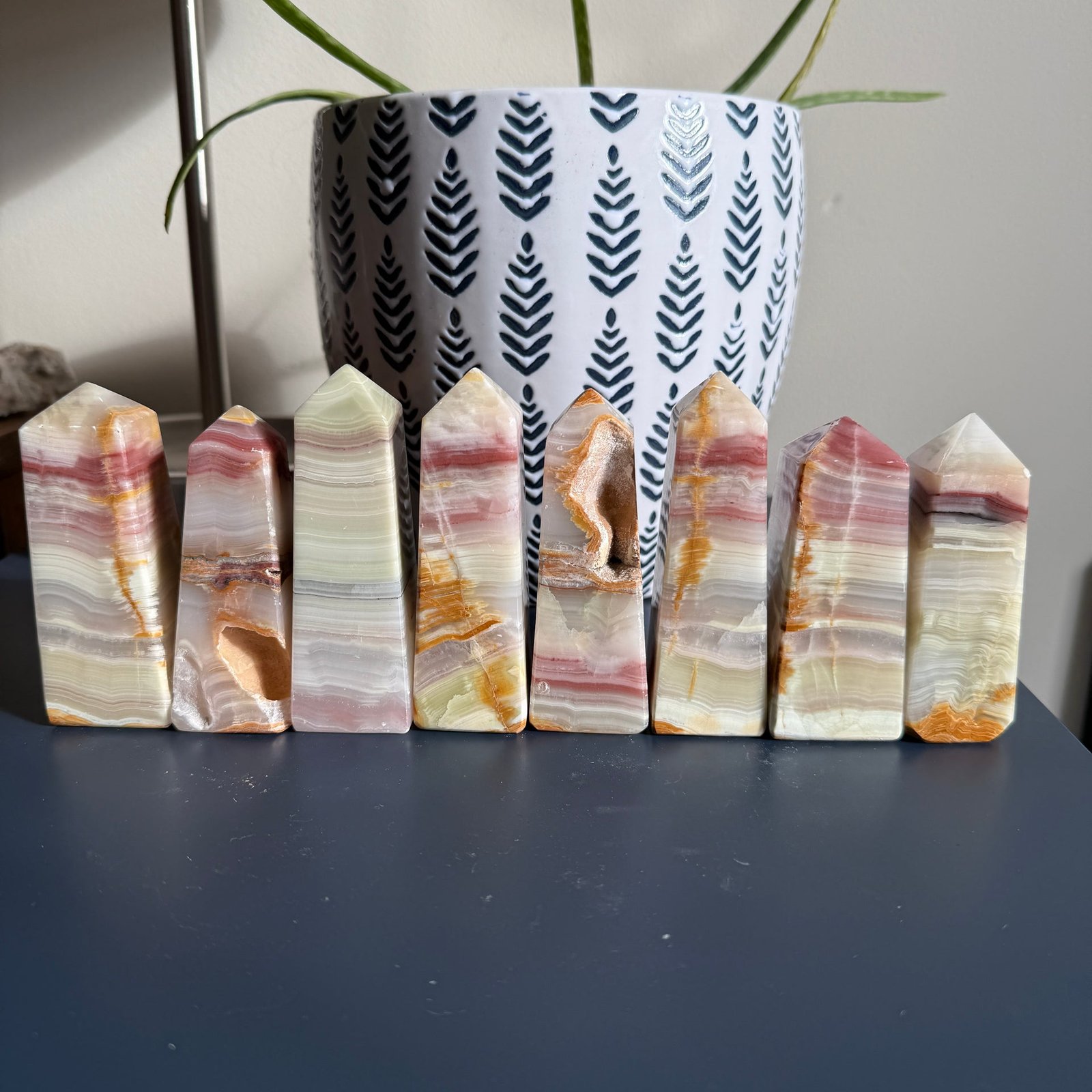 Pink Banded Agate Standing Display Tower Carving Pink Banded Agate Standing Display Tower Carving