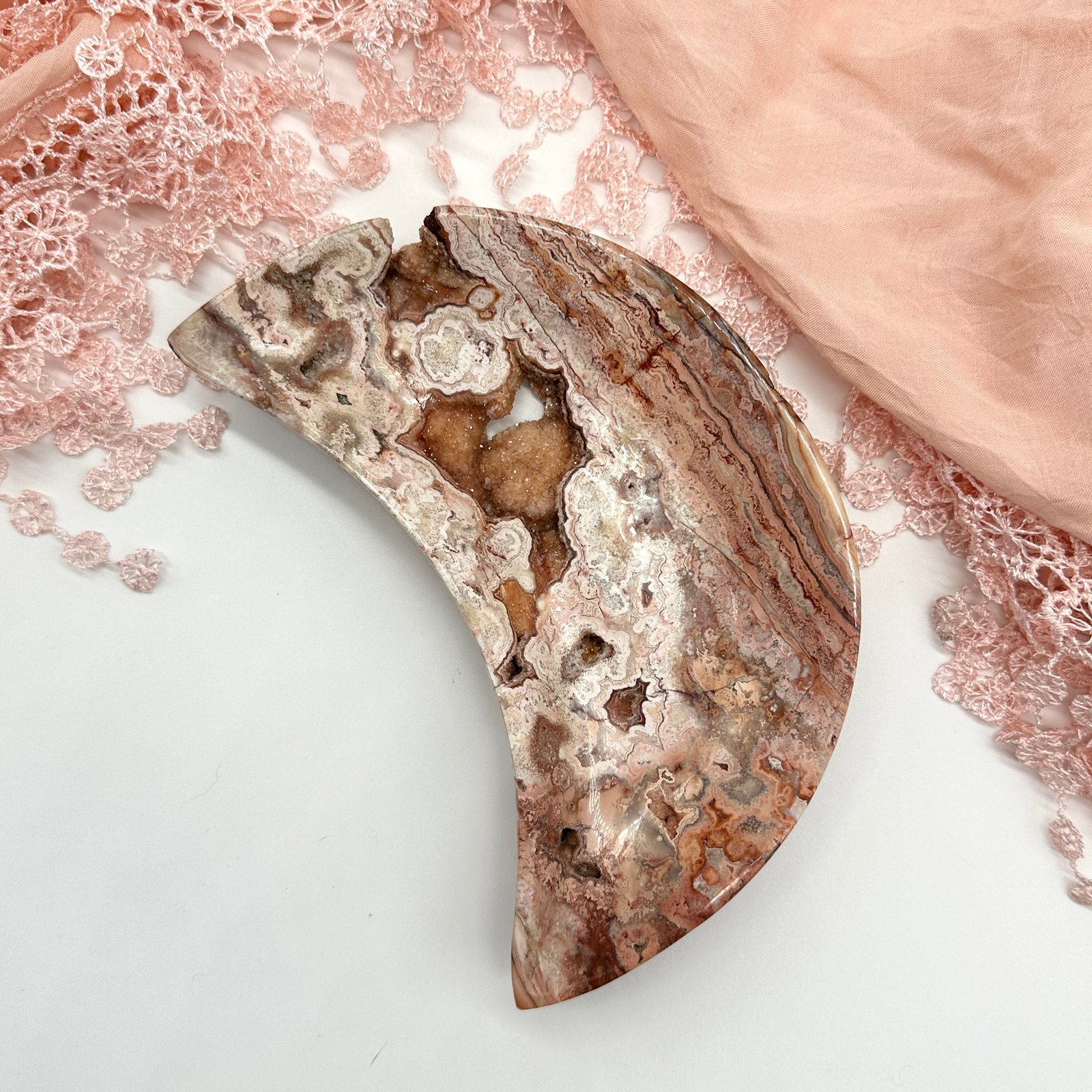 Pink Crazy Lace Agate Large Druzy Partially Polished Moon Bowl Pink Crazy Lace Agate Large Druzy Partially Polished Moon Bowl