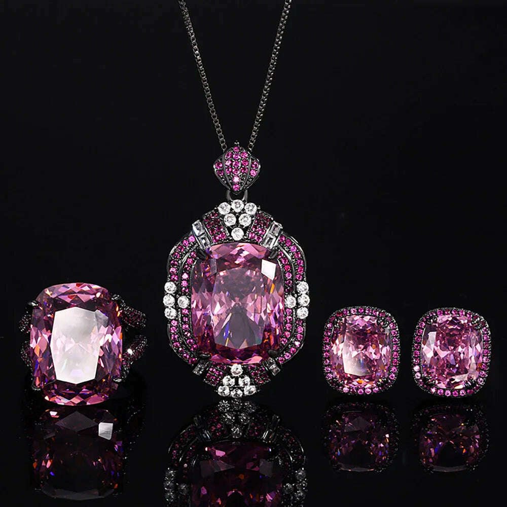 Pink Quartz Jewelry Set Necklace Ring Earrings — Pink | KIMLUD