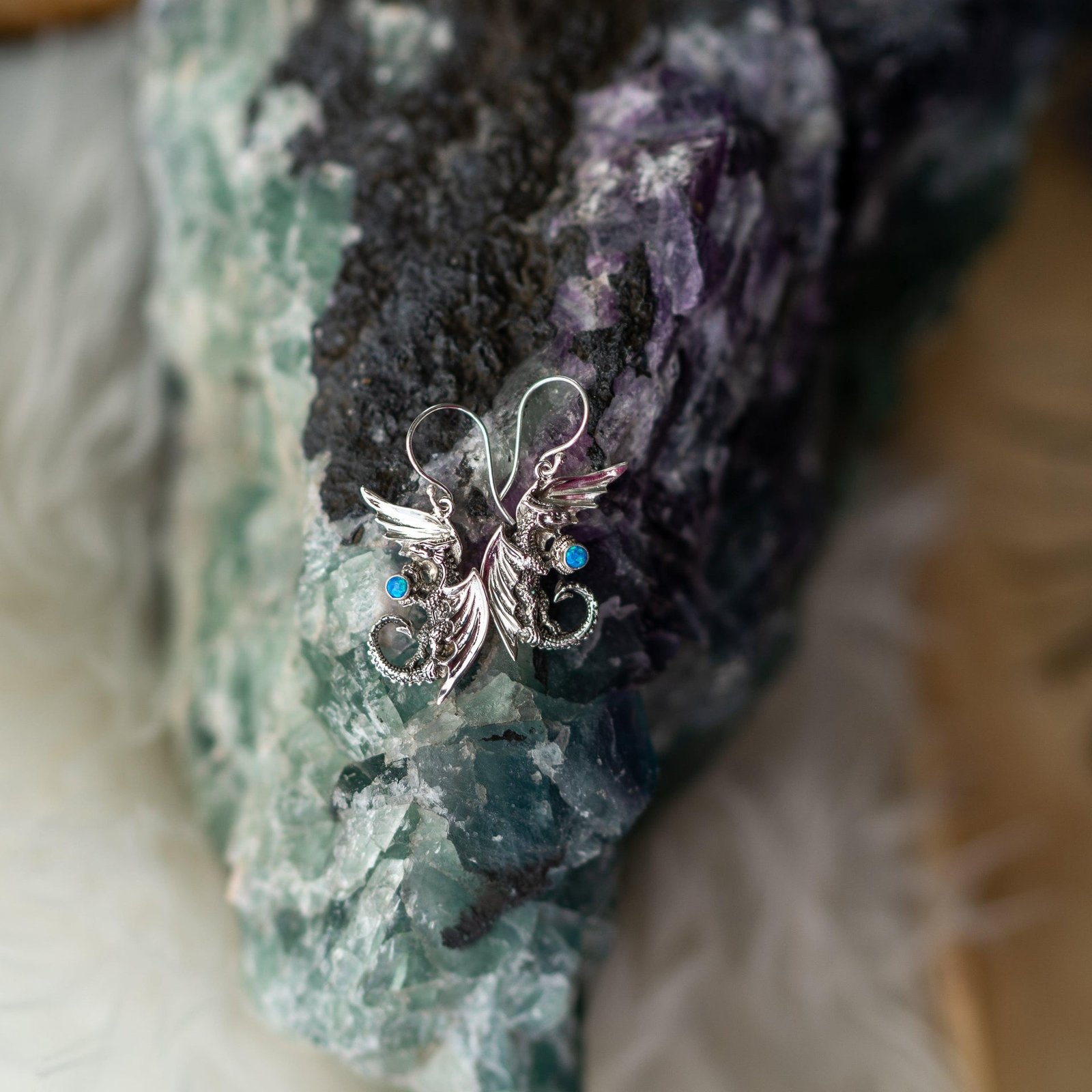 Protective Dragon Energy Earrings with Blue Opal ~ Sterling Silver ~