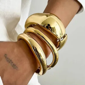 Punk Metal Spring Wide Bangles Geometric Interlocking Articulation — Gold | KIMLUD