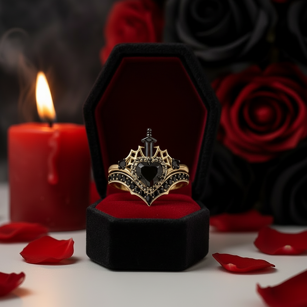 Queen of Hearts- Heart Shape Diamond Option Gothic Wedding Ring