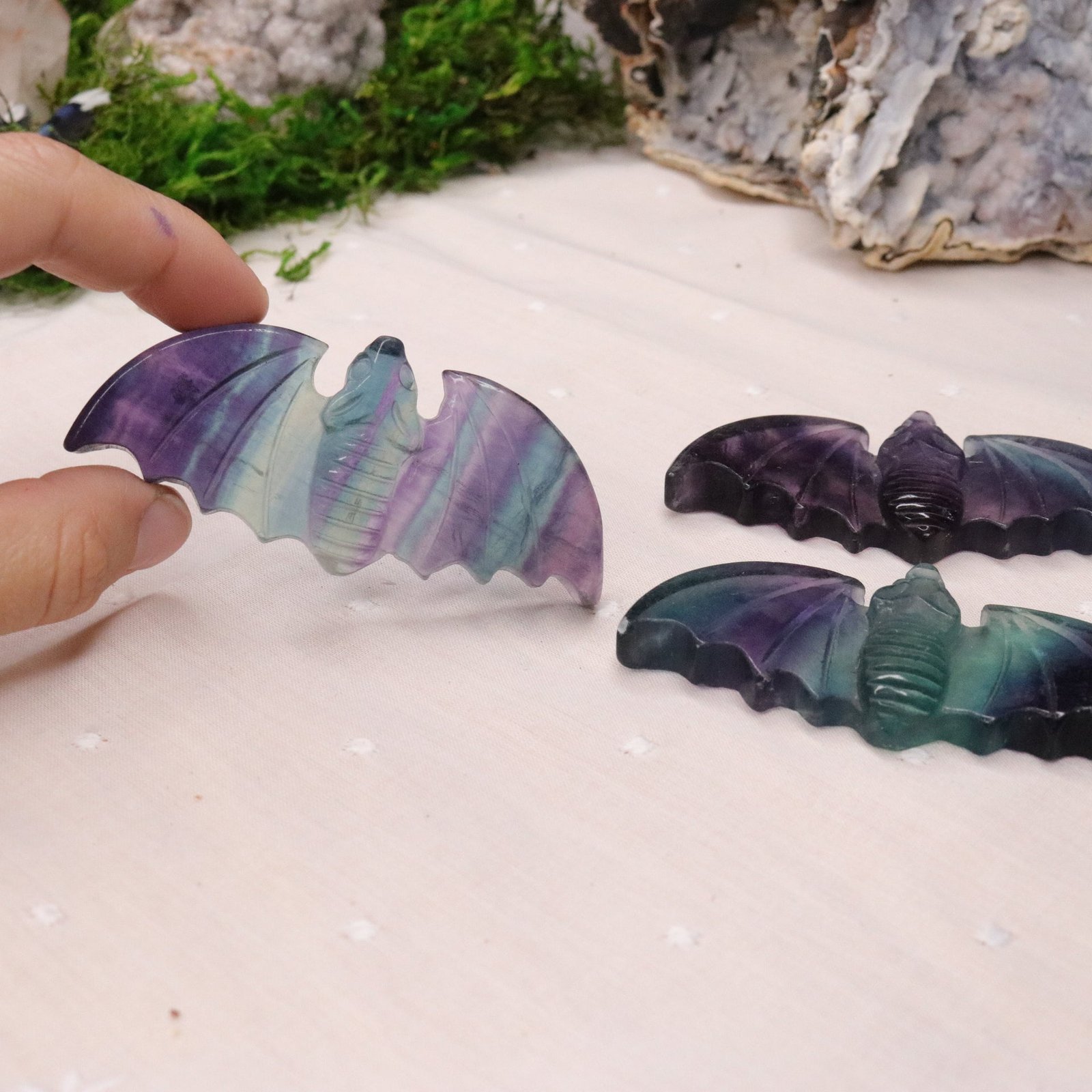 Rainbow Fluorite Bat Carvings ~ Vibrant Multicolor Banding Rainbow Fluorite Bat Carvings ~ Vibrant Multicolor Banding