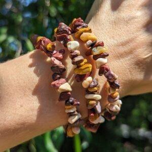 Red, Yellow and White Mookaite Jasper Nugget Chip Bracelet with Grounding CHI Energies