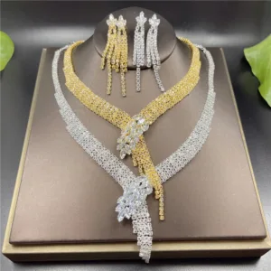 Rhinestone Jewelry Set Necklace Earrings Bracelet — Gold-Silver | KIMLUD