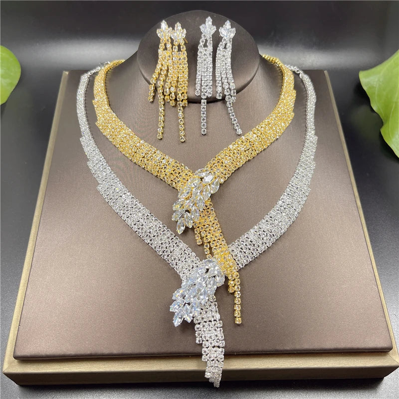 Rhinestone Jewelry Set Necklace Earrings Bracelet — Gold-Silver | KIMLUD