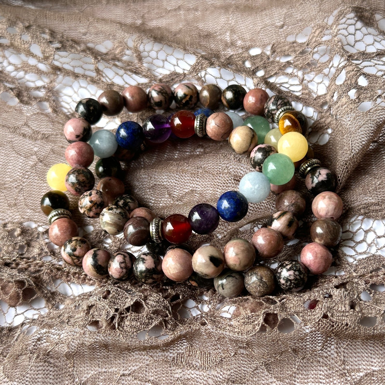 Rhodonite and Chakras Beaded Gemstone Bracelets