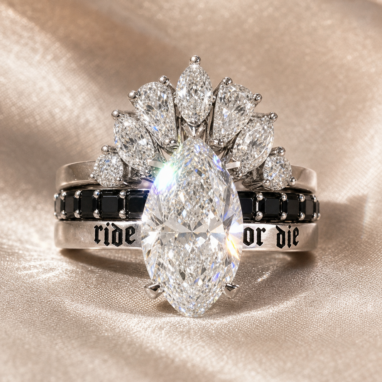 Ride or Die Wedding Rings- 2.5 Ct Marquise Cut Diamond Option Gothic Bridal Set in 14k White Gold